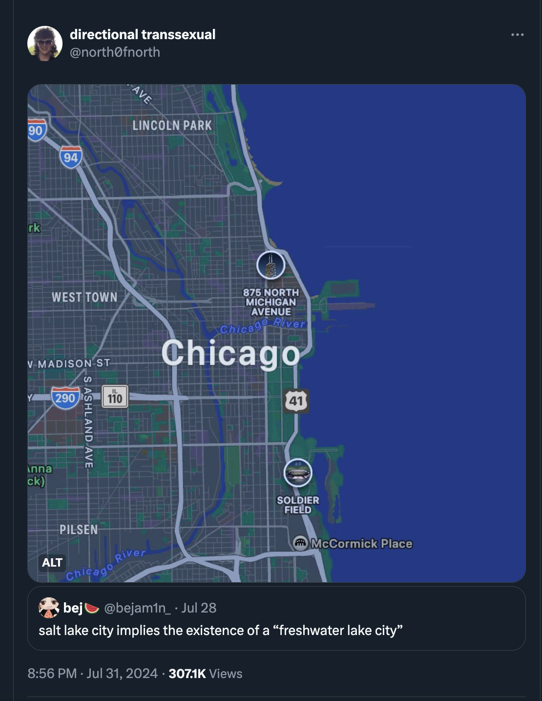 map - directional transsexual fnorth 90 94 Lincoln Park West Town V Madison St 290 110 875 North Michigan Avenue Chicago 41 inna ck Pilsen Soldier Field Alt River bejbejamin Jul 28 McCormick Place salt lake city implies the existence of a "freshwater lake